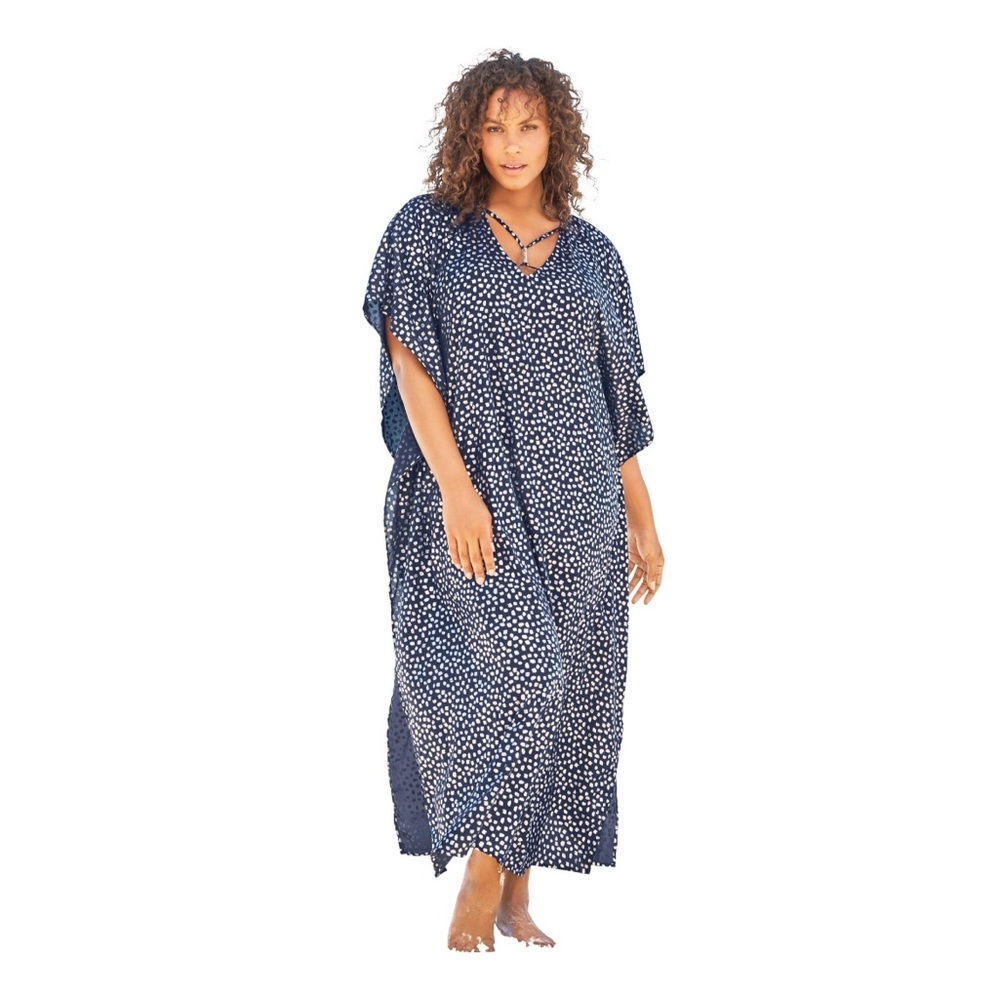 NEW Swimsuits For All V-Neck Swim Caftan Navy Metallic Polka Dots Coverup